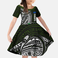Pohnpei Federated States Of Micronesia Family Matching Short Sleeve Bodycon Dress and Hawaiian Shirt Polynesian Tribal Heritage Art With Kaselehlie State Seal TS04 Daughter's Dress Green White - Polynesian Pride