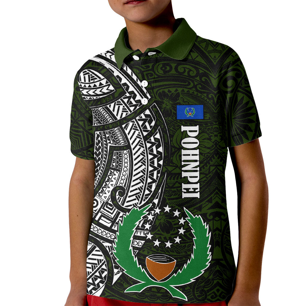 Pohnpei Federated States Of Micronesia Kid Polo Shirt Polynesian Tribal Heritage Art With Kaselehlie State Seal TS04 Kid Green White - Polynesian Pride