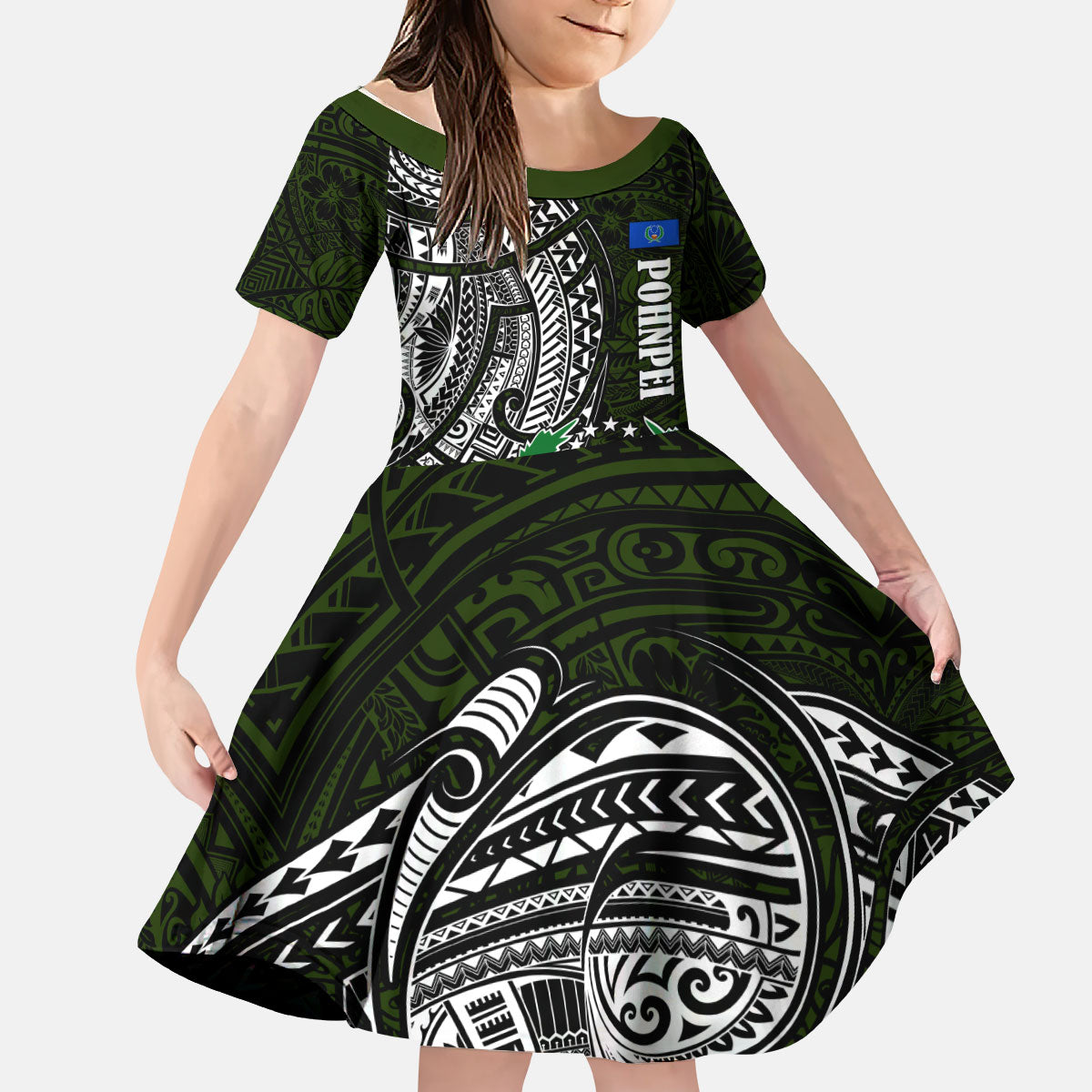 Pohnpei Federated States Of Micronesia Kid Short Sleeve Dress Polynesian Tribal Heritage Art With Kaselehlie State Seal TS04 KID Green White - Polynesian Pride