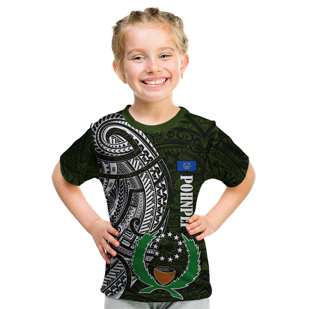 Pohnpei Federated States Of Micronesia Kid T Shirt Polynesian Tribal Heritage Art With Kaselehlie State Seal TS04 Green White - Polynesian Pride