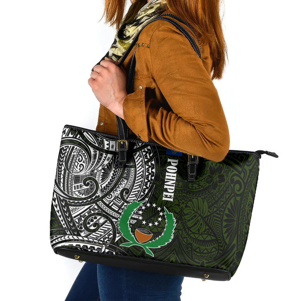Pohnpei Federated States Of Micronesia Leather Tote Bag Polynesian Tribal Heritage Art With Kaselehlie State Seal TS04 Green White - Polynesian Pride