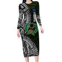 Pohnpei Federated States Of Micronesia Long Sleeve Bodycon Dress Polynesian Tribal Heritage Art With Kaselehlie State Seal TS04 Long Dress Green White - Polynesian Pride