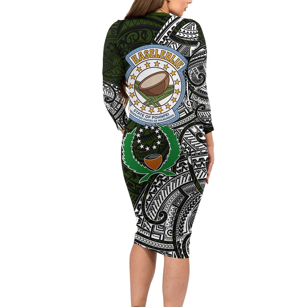 Pohnpei Federated States Of Micronesia Long Sleeve Bodycon Dress Polynesian Tribal Heritage Art With Kaselehlie State Seal TS04 - Polynesian Pride