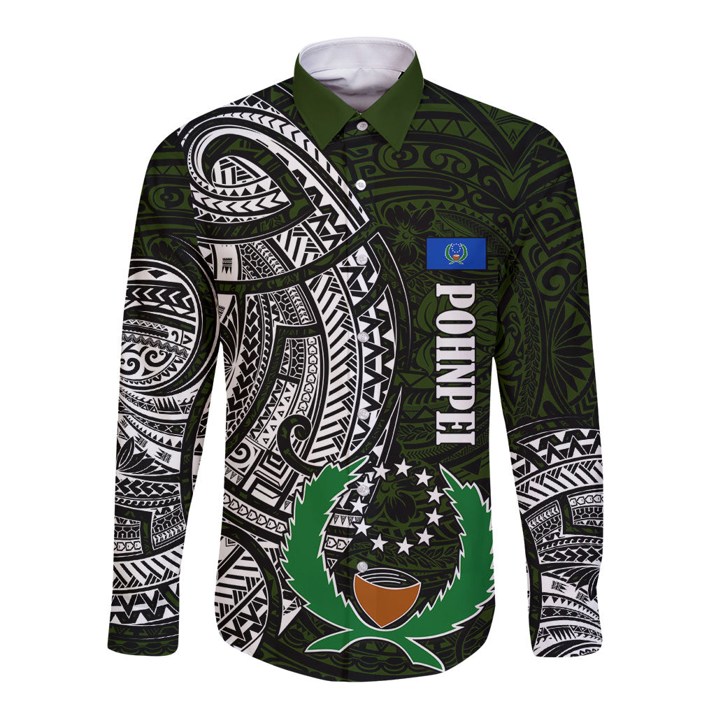Pohnpei Federated States Of Micronesia Long Sleeve Button Shirt Polynesian Tribal Heritage Art With Kaselehlie State Seal