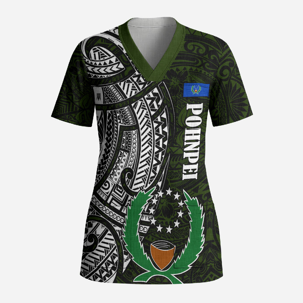 Pohnpei Federated States Of Micronesia Scrub Top Polynesian Tribal Heritage Art With Kaselehlie State Seal