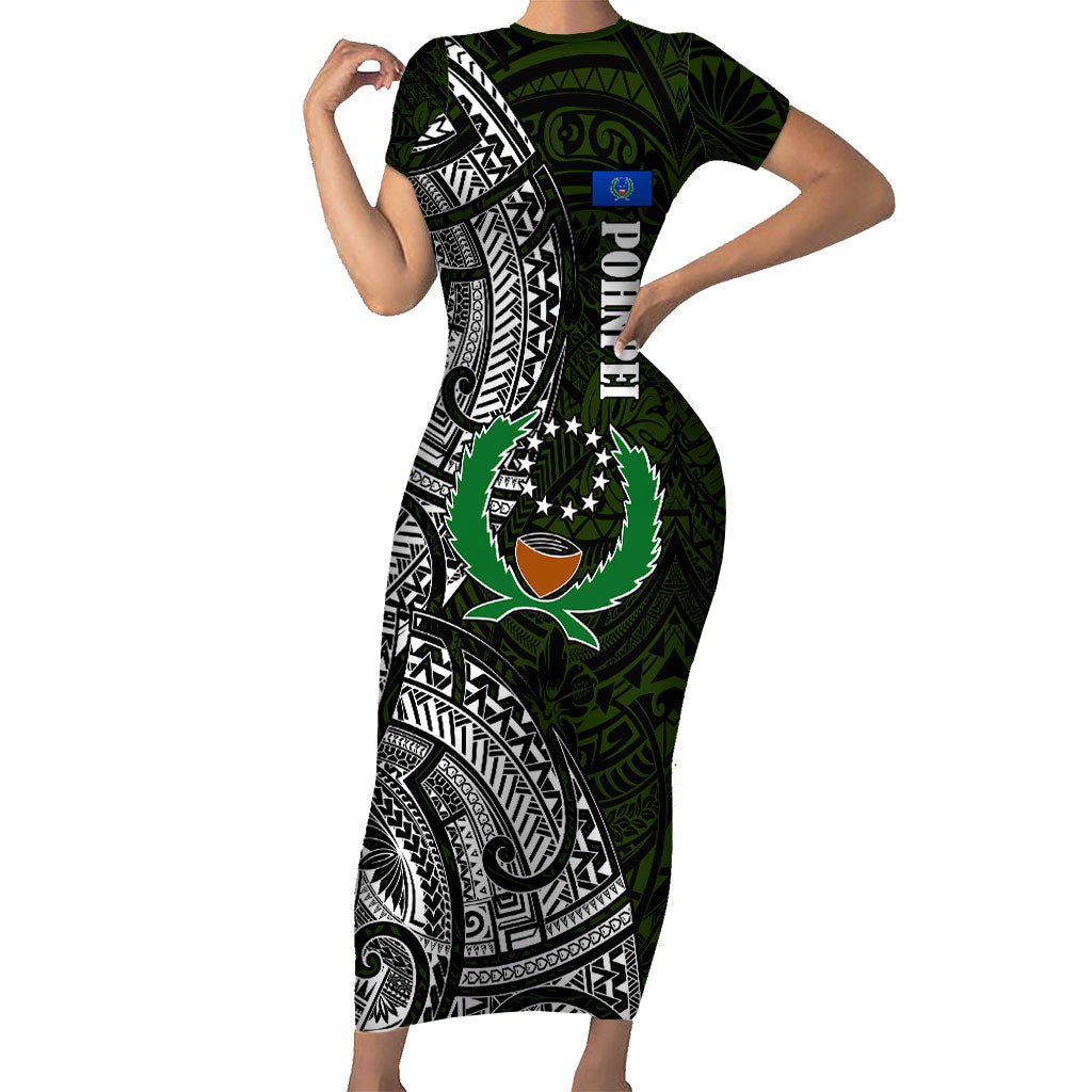 Pohnpei Federated States Of Micronesia Short Sleeve Bodycon Dress Polynesian Tribal Heritage Art With Kaselehlie State Seal TS04 Long Dress Green White - Polynesian Pride