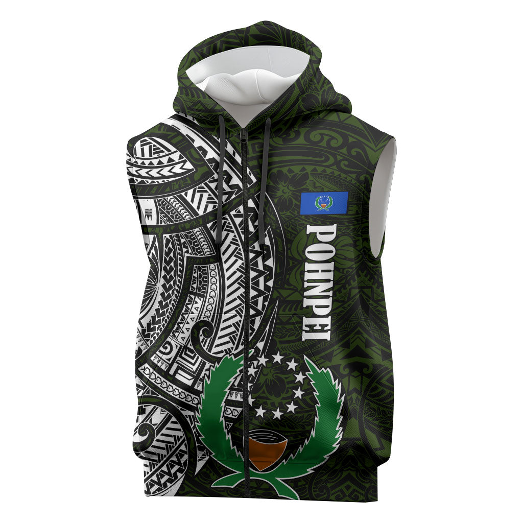 Pohnpei Federated States Of Micronesia Sleeveless Zip Hoodie Polynesian Tribal Heritage Art With Kaselehlie State Seal TS04 Green White - Polynesian Pride