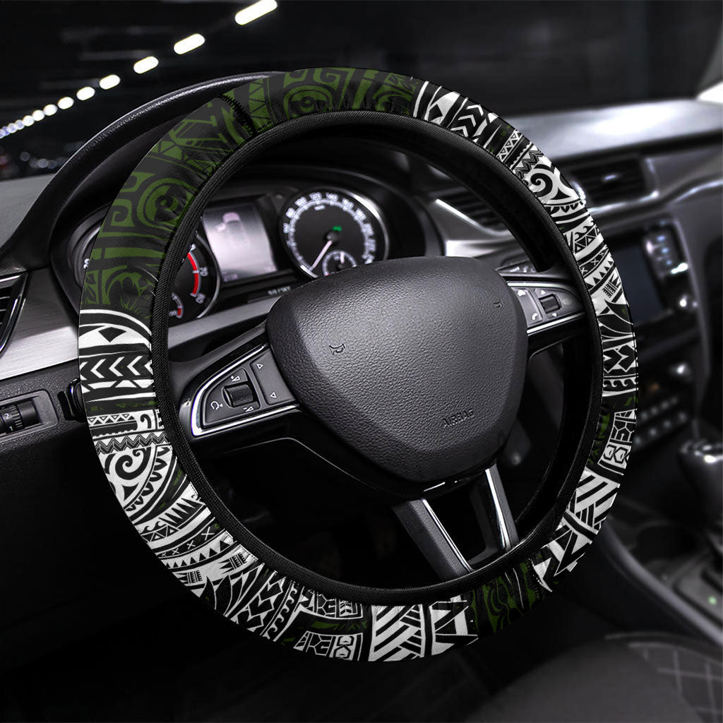 Pohnpei Federated States Of Micronesia Steering Wheel Cover Polynesian Tribal Heritage Art With Kaselehlie State Seal TS04 Universal Fit Green White - Polynesian Pride