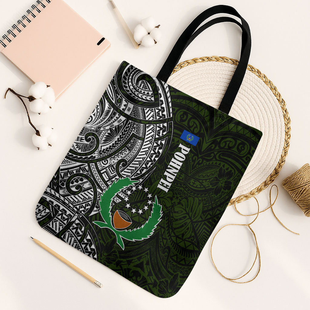 Pohnpei Federated States Of Micronesia Tote Bag Polynesian Tribal Heritage Art With Kaselehlie State Seal TS04 Black Strap One Size Green White - Polynesian Pride