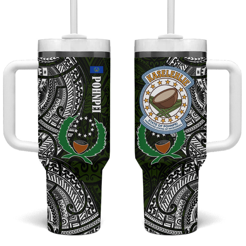 Pohnpei Federated States Of Micronesia Tumbler With Handle Polynesian Tribal Heritage Art With Kaselehlie State Seal TS04 One Size: 40 oz Green White - Polynesian Pride