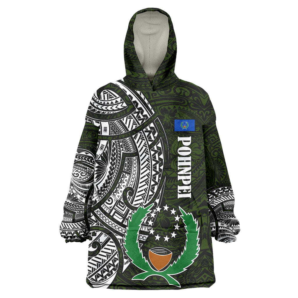 Pohnpei Federated States Of Micronesia Wearable Blanket Hoodie Polynesian Tribal Heritage Art With Kaselehlie State Seal TS04 One Size Green White - Polynesian Pride