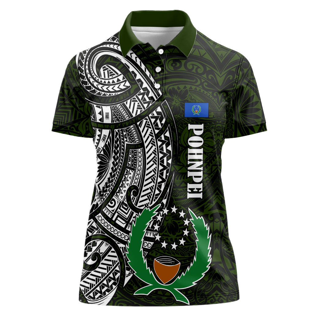 Pohnpei Federated States Of Micronesia Women Polo Shirt Polynesian Tribal Heritage Art With Kaselehlie State Seal TS04 Female Green White - Polynesian Pride