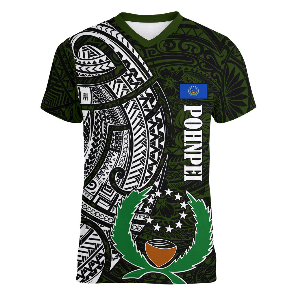 Pohnpei Federated States Of Micronesia Women V-Neck T-Shirt Polynesian Tribal Heritage Art With Kaselehlie State Seal TS04 Female Green White - Polynesian Pride