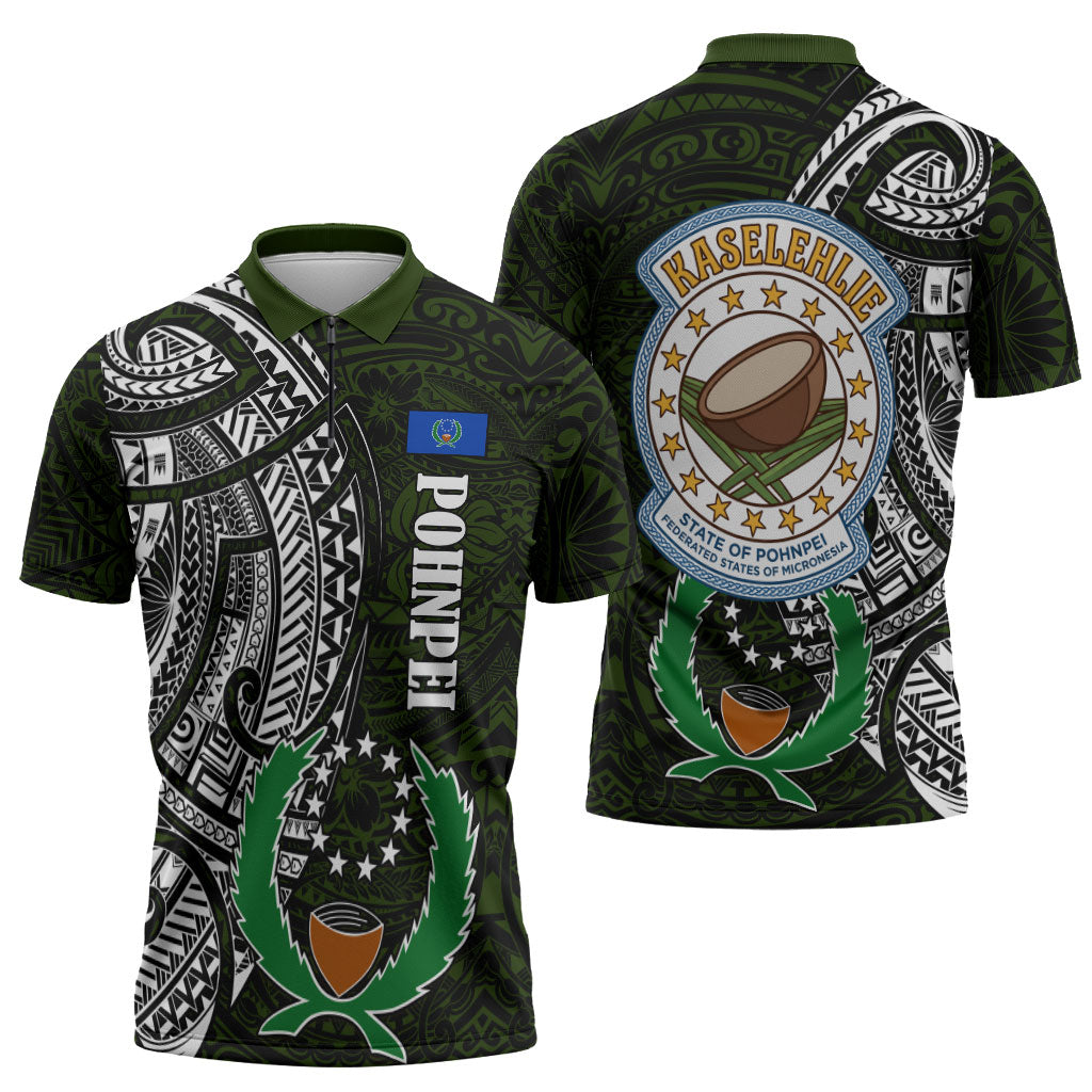 Pohnpei Federated States Of Micronesia Zipper Polo Shirt Polynesian Tribal Heritage Art With Kaselehlie State Seal TS04 - Polynesian Pride
