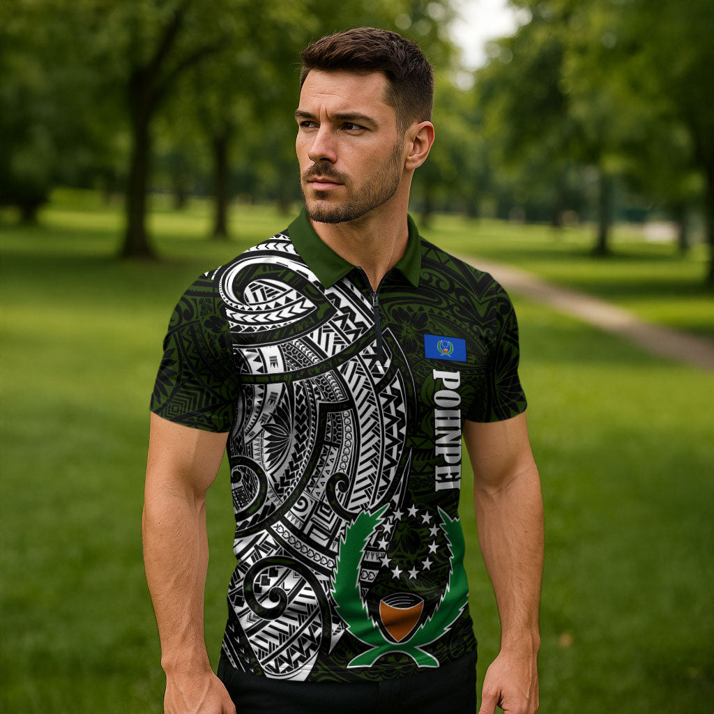 Pohnpei Federated States Of Micronesia Zipper Polo Shirt Polynesian Tribal Heritage Art With Kaselehlie State Seal TS04 - Polynesian Pride
