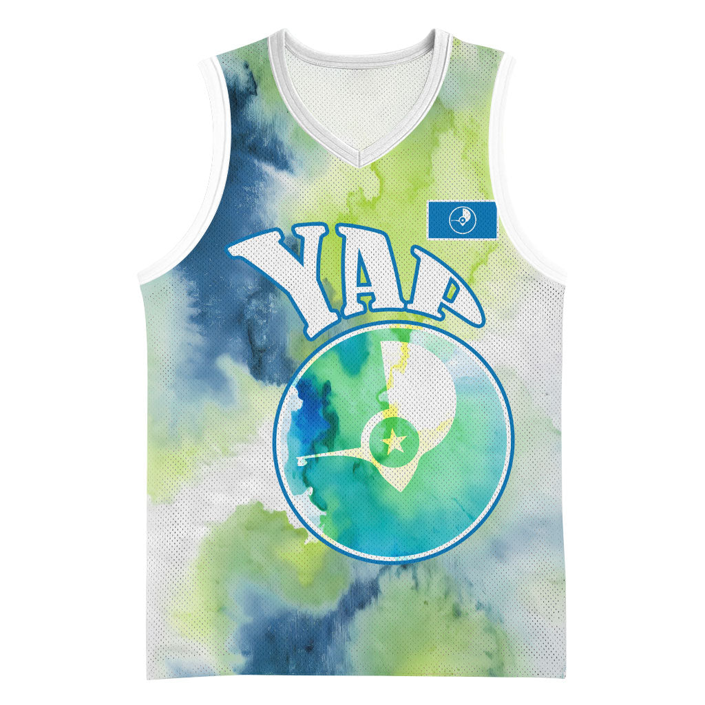 Yap Island Heritage Cultural Symbol Basketball Jersey Micronesian Flag Stone Money Watercolor Abstract Art Design TS04 Unisex Green Blue - Polynesian Pride