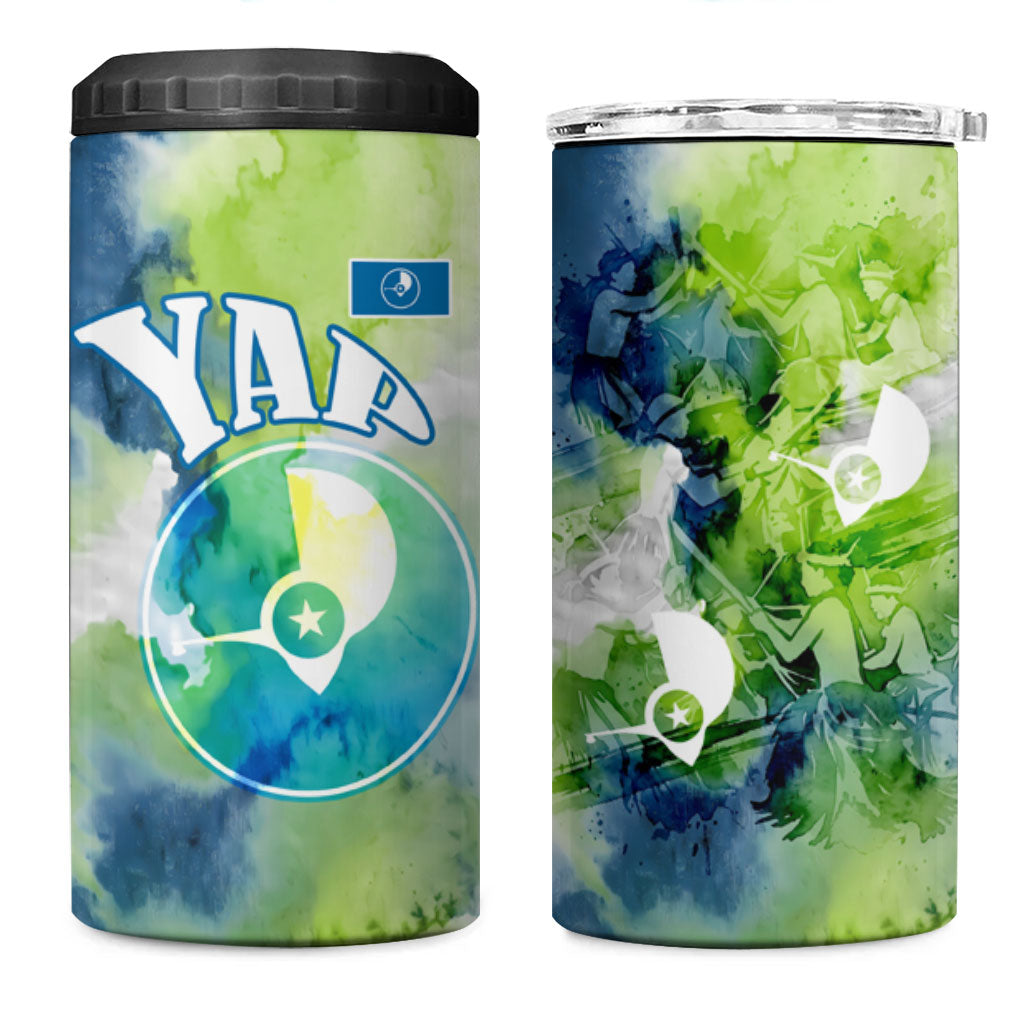Yap Island Heritage Cultural Symbol 4 in 1 Can Cooler Tumbler Micronesian Flag Stone Money Watercolor Abstract Art Design TS04 One Size: 16 oz Green Blue - Polynesian Pride