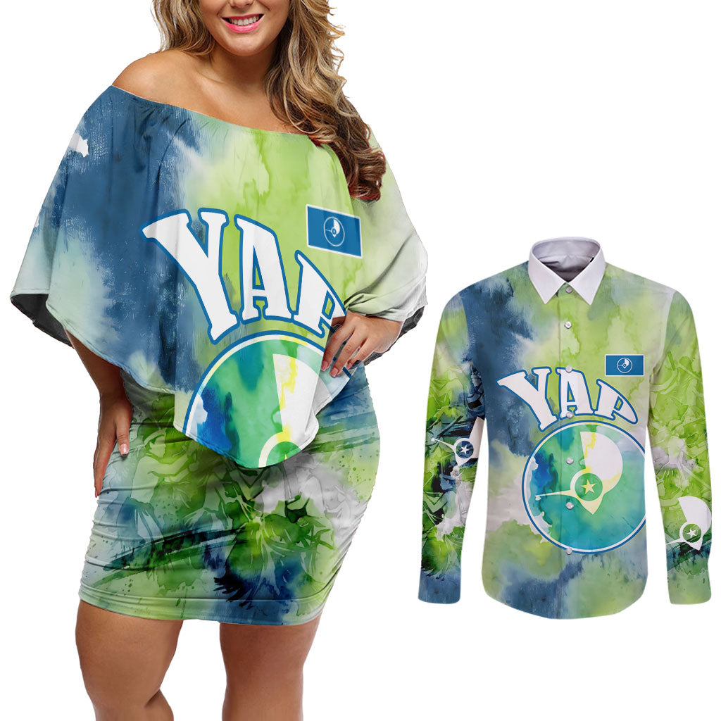Yap Island Heritage Cultural Symbol Couples Matching Off Shoulder Short Dress and Long Sleeve Button Shirt Micronesian Flag Stone Money Watercolor Abstract Art Design TS04 Green Blue - Polynesian Pride