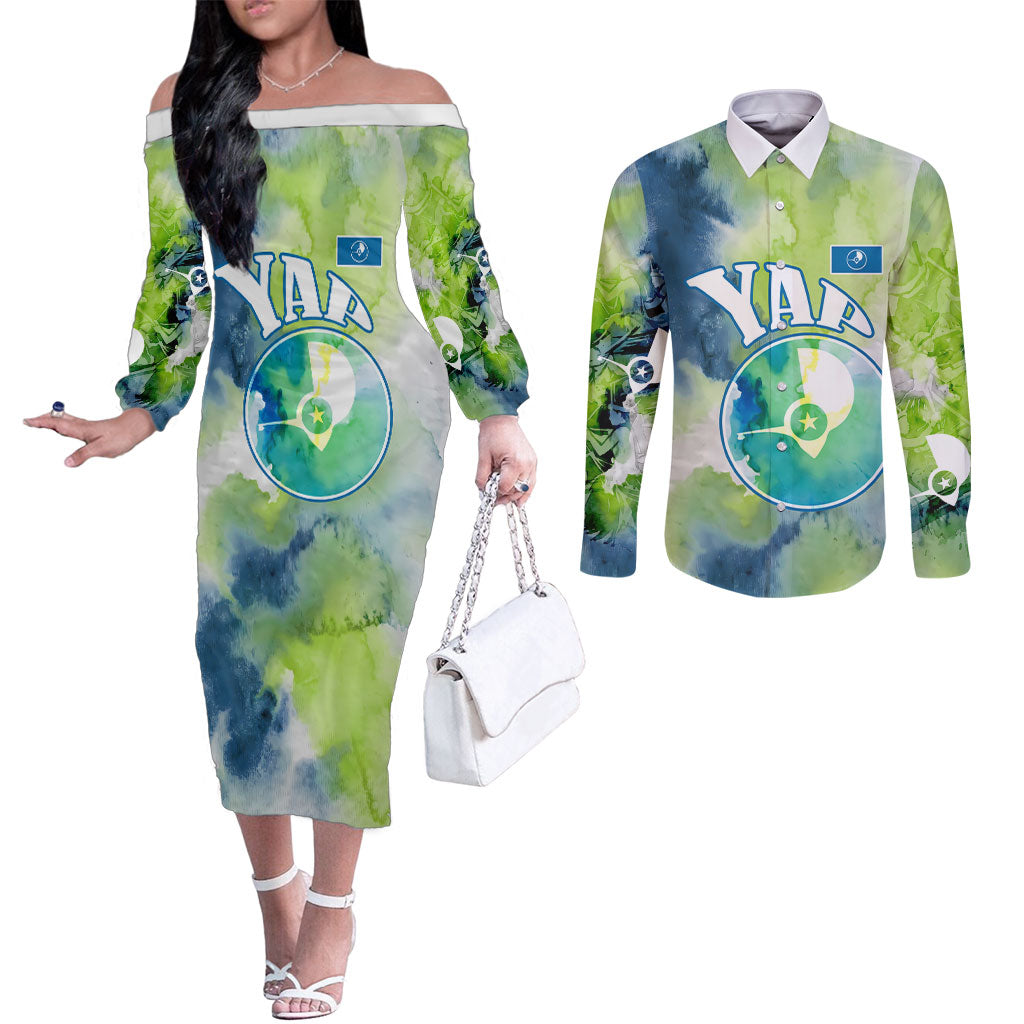 Yap Island Heritage Cultural Symbol Couples Matching Off The Shoulder Long Sleeve Dress and Long Sleeve Button Shirt Micronesian Flag Stone Money Watercolor Abstract Art Design TS04 Green Blue - Polynesian Pride