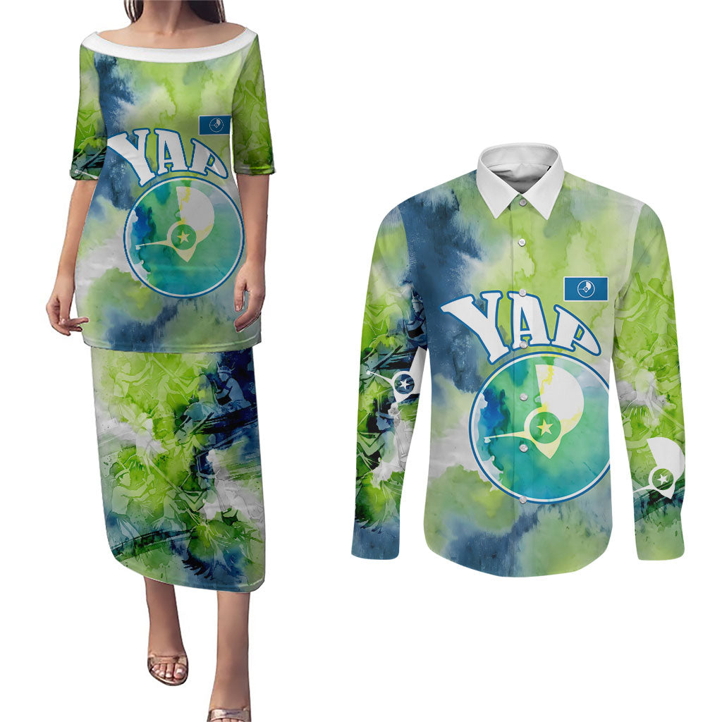 Yap Island Heritage Cultural Symbol Couples Matching Puletasi and Long Sleeve Button Shirt Micronesian Flag Stone Money Watercolor Abstract Art Design TS04 Green Blue - Polynesian Pride