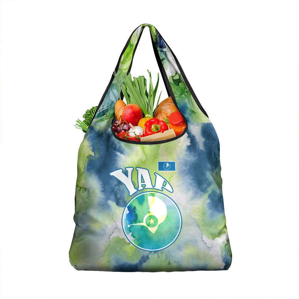 Yap Island Heritage Cultural Symbol Grocery Bag Micronesian Flag Stone Money Watercolor Abstract Art Design TS04 1-pack One Size Green Blue - Polynesian Pride