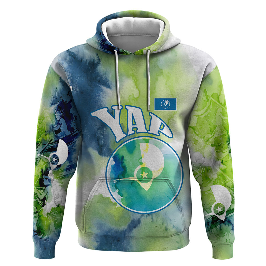 Yap Island Heritage Cultural Symbol Hoodie Micronesian Flag Stone Money Watercolor Abstract Art Design TS04 Pullover Hoodie Green Blue - Polynesian Pride