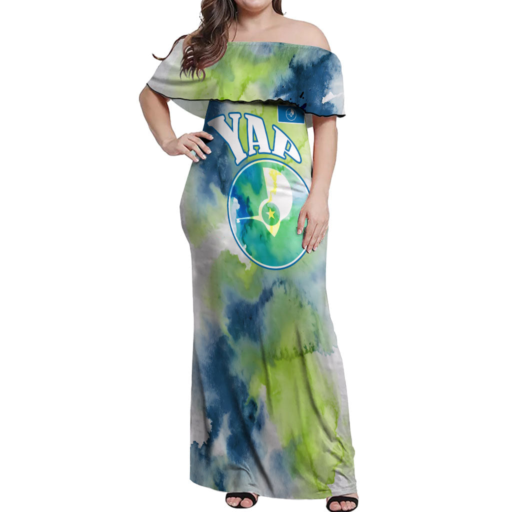 Yap Island Heritage Cultural Symbol Off Shoulder Maxi Dress Micronesian Flag Stone Money Watercolor Abstract Art Design TS04 Women Green Blue - Polynesian Pride