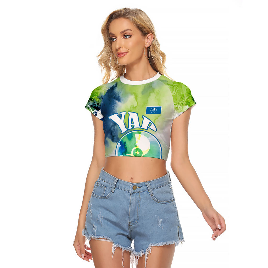Yap Island Heritage Cultural Symbol Raglan Cropped T Shirt Micronesian Flag Stone Money Watercolor Abstract Art Design TS04 Female Green Blue - Polynesian Pride