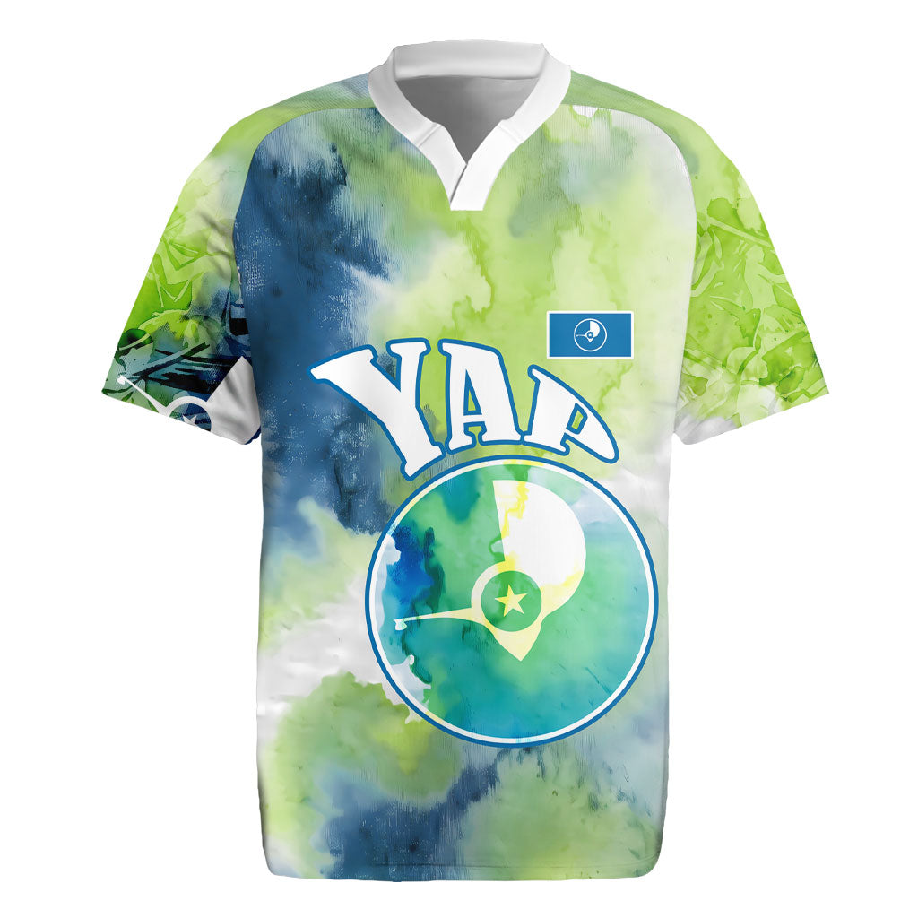 Yap Island Heritage Cultural Symbol Rugby Jersey Micronesian Flag Stone Money Watercolor Abstract Art Design TS04 Green Blue - Polynesian Pride