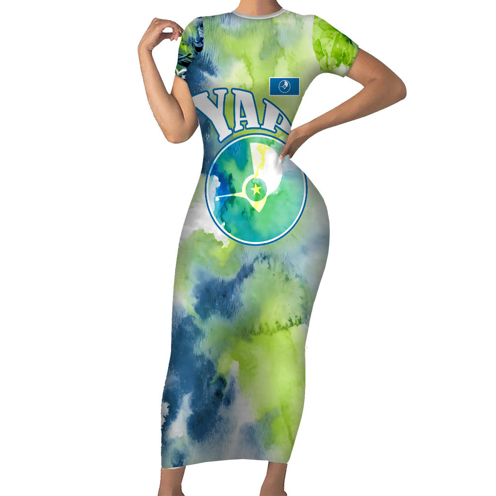 Yap Island Heritage Cultural Symbol Short Sleeve Bodycon Dress Micronesian Flag Stone Money Watercolor Abstract Art Design TS04 Long Dress Green Blue - Polynesian Pride