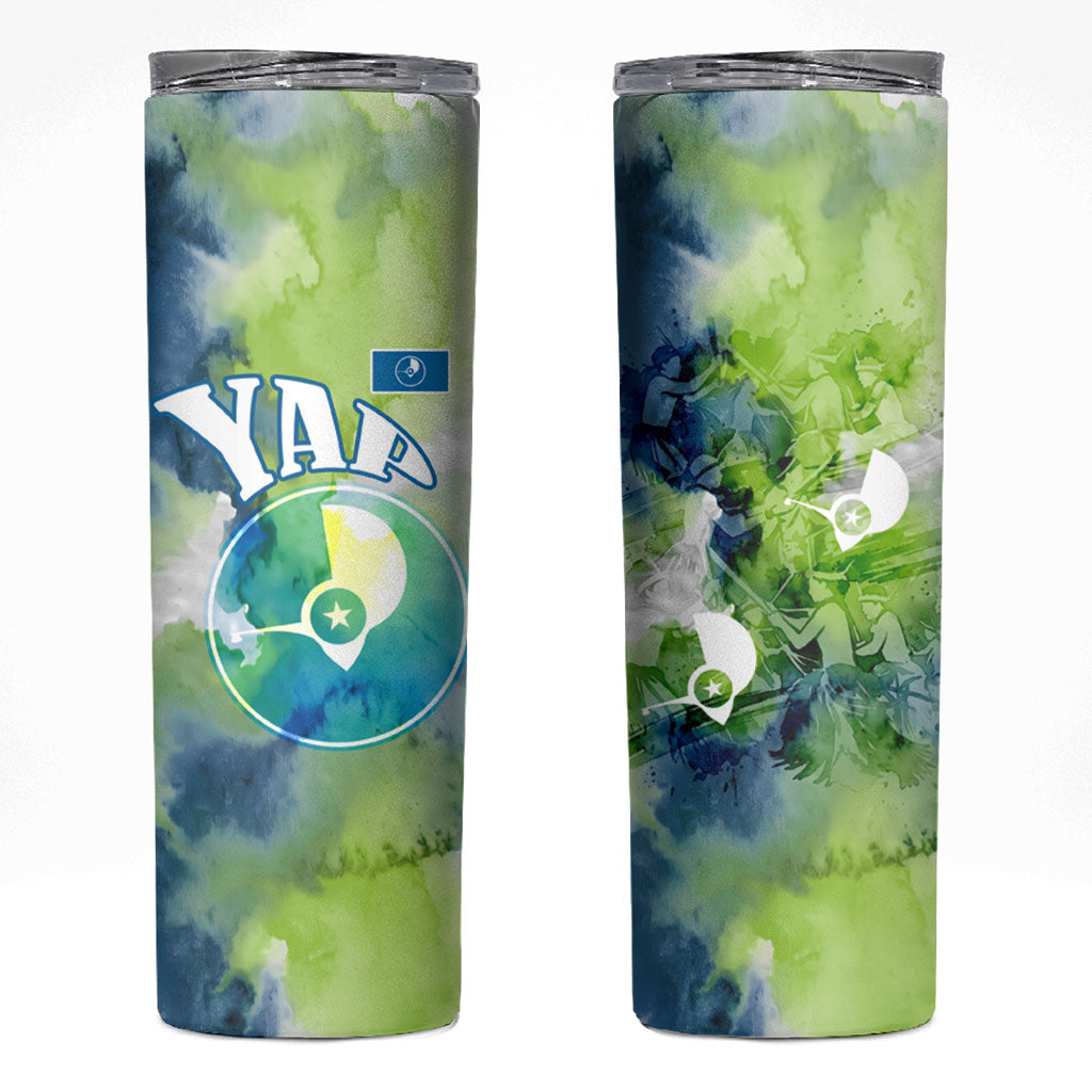 Yap Island Heritage Cultural Symbol Skinny Tumbler Micronesian Flag Stone Money Watercolor Abstract Art Design TS04 Green Blue - Polynesian Pride