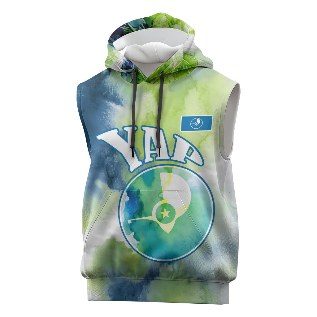 Yap Island Heritage Cultural Symbol Sleeveless Hoodie Micronesian Flag Stone Money Watercolor Abstract Art Design TS04 Green Blue - Polynesian Pride