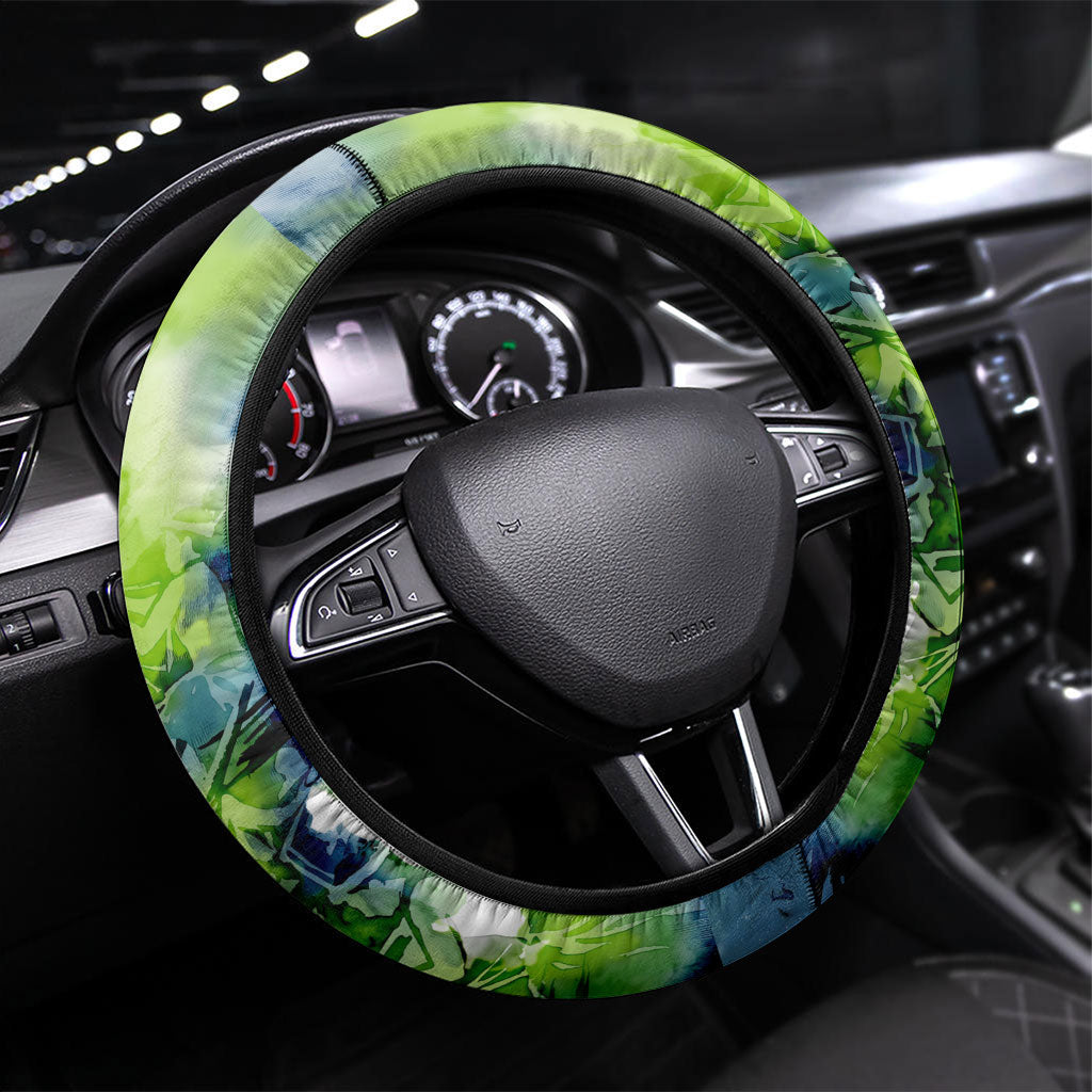 Yap Island Heritage Cultural Symbol Steering Wheel Cover Micronesian Flag Stone Money Watercolor Abstract Art Design TS04 Universal Fit Green Blue - Polynesian Pride