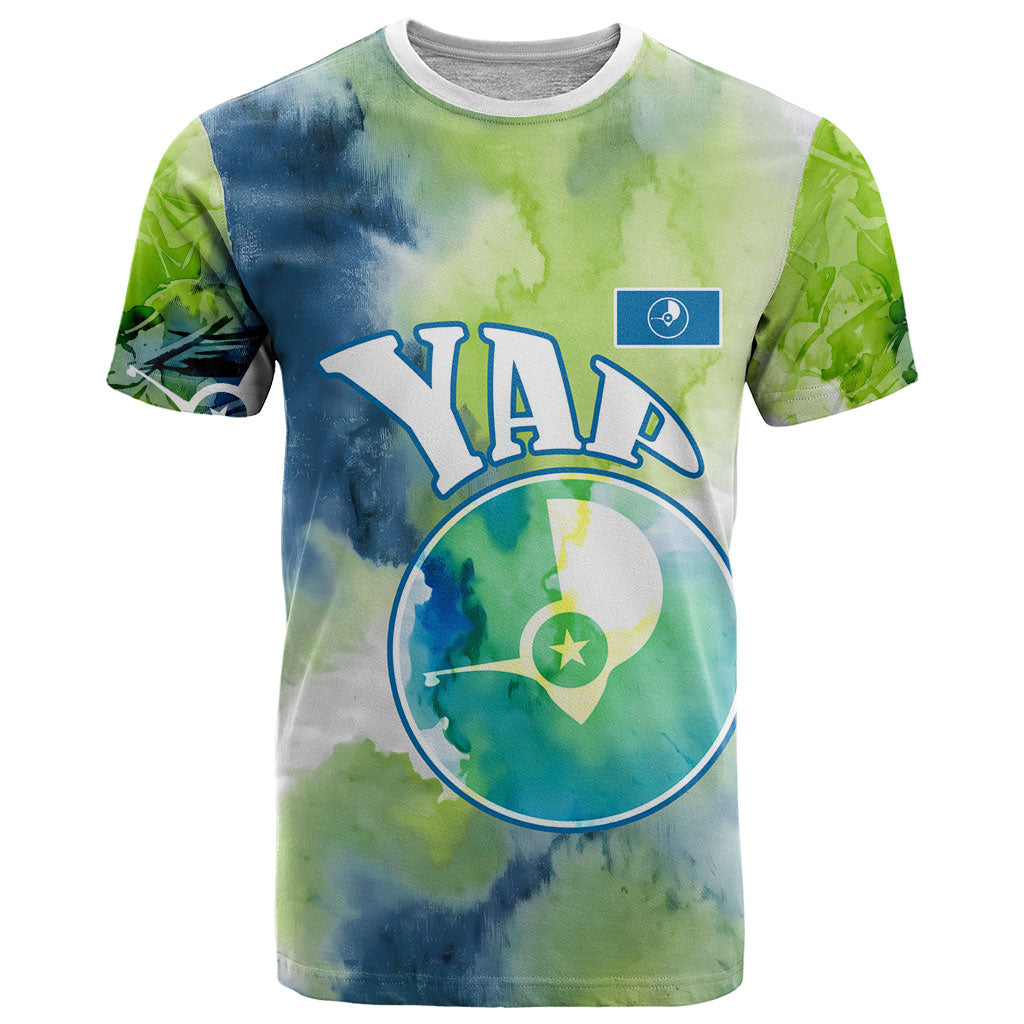 Yap Island Heritage Cultural Symbol T Shirt Micronesian Flag Stone Money Watercolor Abstract Art Design TS04 Green Blue - Polynesian Pride
