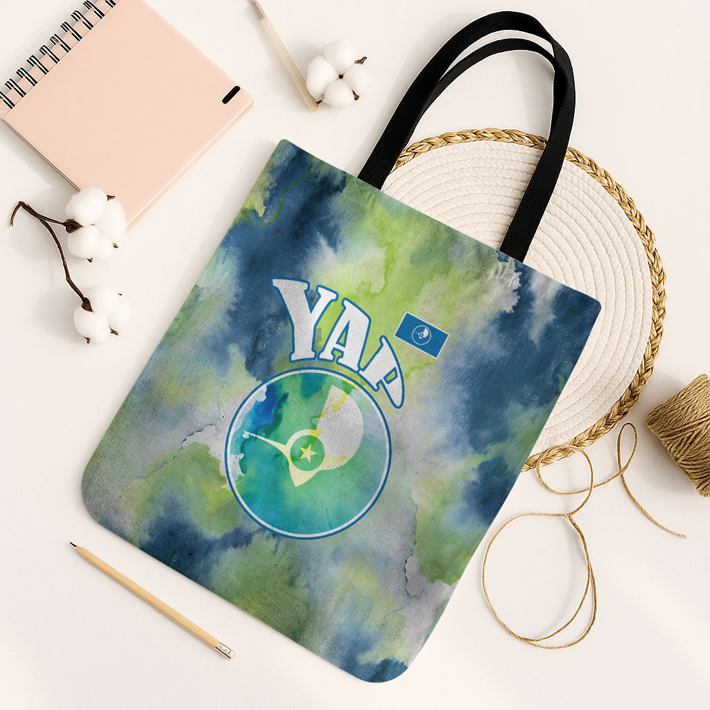 Yap Island Heritage Cultural Symbol Tote Bag Micronesian Flag Stone Money Watercolor Abstract Art Design TS04 Black Strap One Size Green Blue - Polynesian Pride