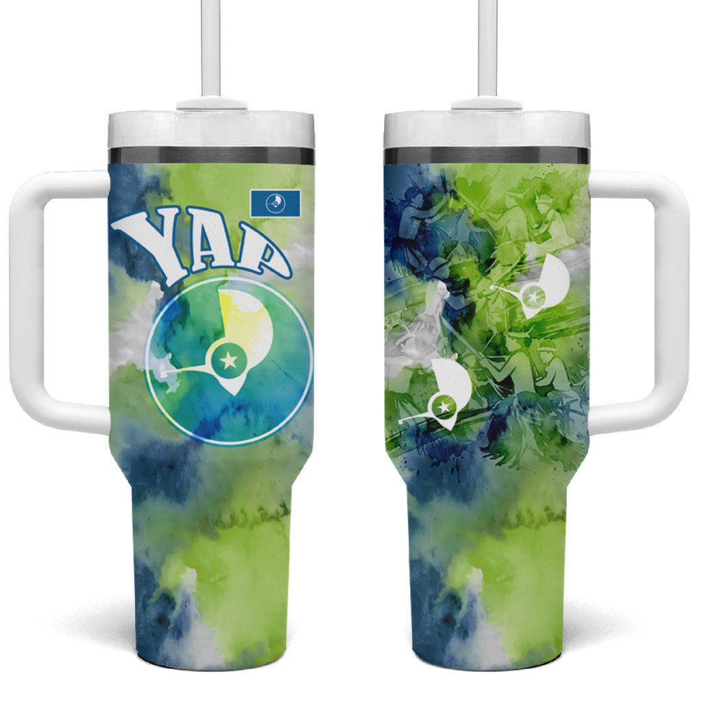 Yap Island Heritage Cultural Symbol Tumbler With Handle Micronesian Flag Stone Money Watercolor Abstract Art Design TS04 One Size: 40 oz Green Blue - Polynesian Pride