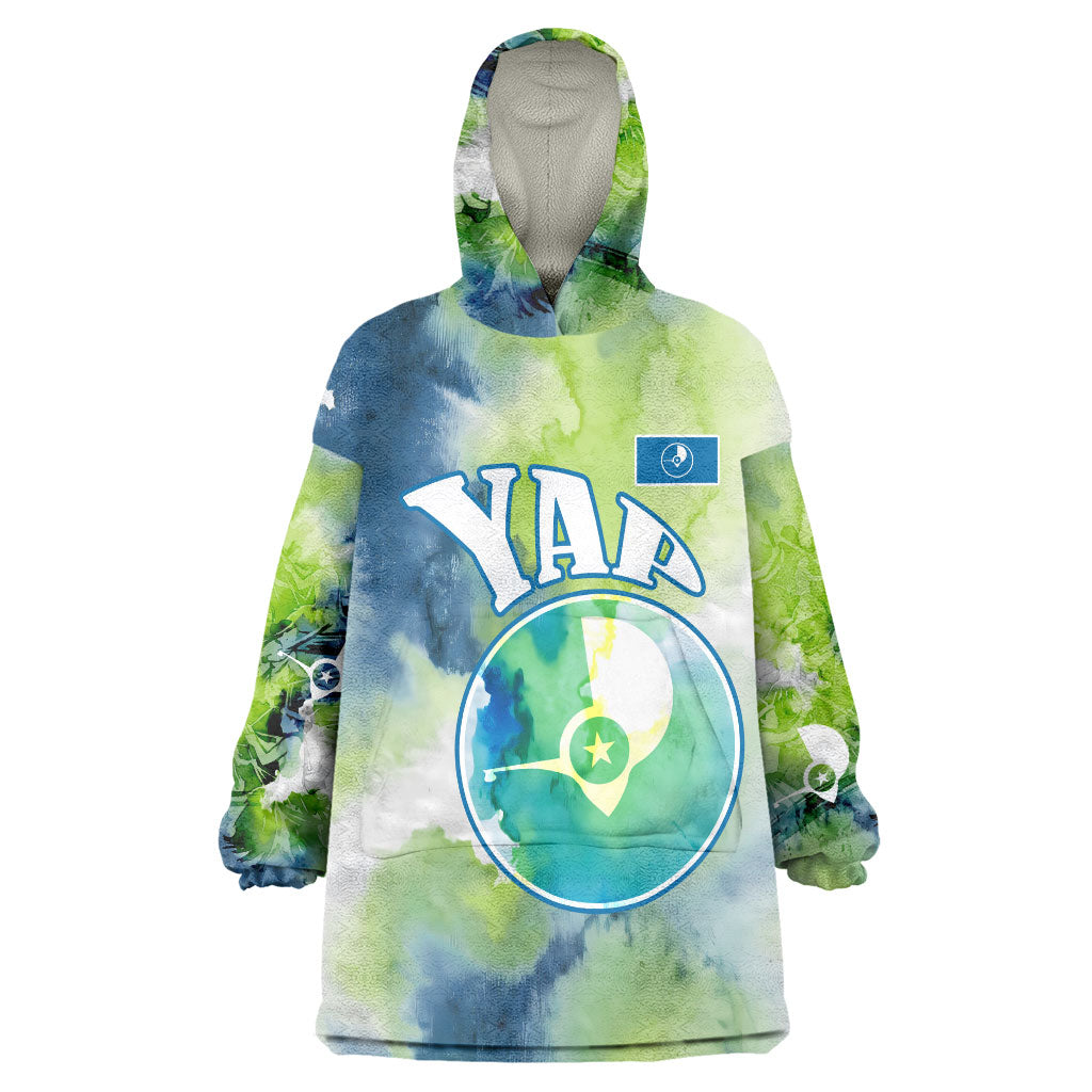 Yap Island Heritage Cultural Symbol Wearable Blanket Hoodie Micronesian Flag Stone Money Watercolor Abstract Art Design TS04 One Size Green Blue - Polynesian Pride