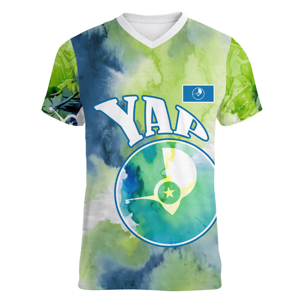 Yap Island Heritage Cultural Symbol Women V-Neck T-Shirt Micronesian Flag Stone Money Watercolor Abstract Art Design TS04 Female Green Blue - Polynesian Pride