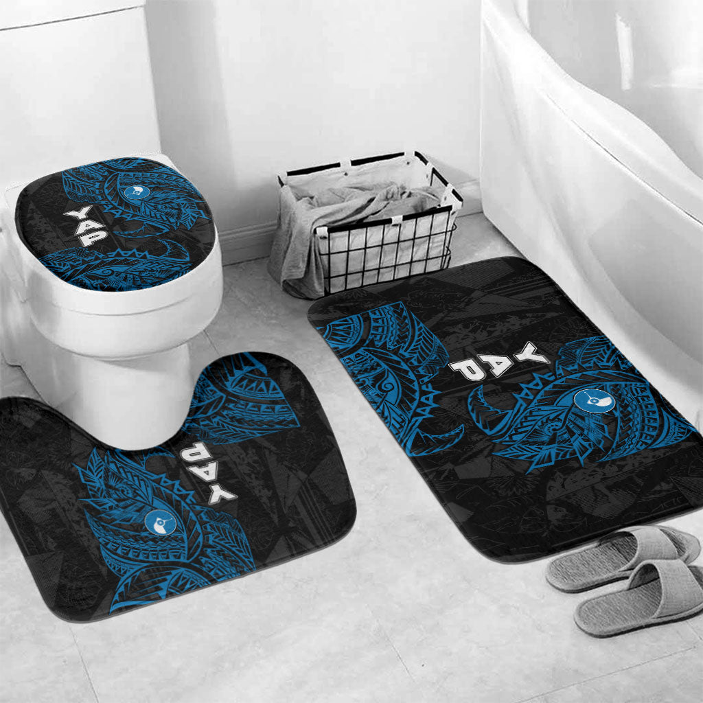 Yap Island Tribal Heritage Bathroom Set Micronesian Polynesian Tattoo Pattern Blue Black Cultural Art TS04 Mat Set Only (3 pcs) One Size Black Blue - Polynesian Pride