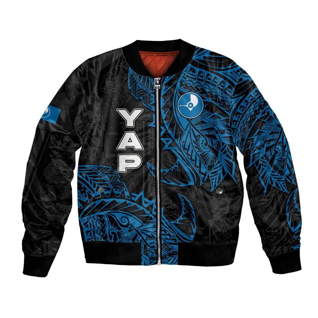 Yap Island Tribal Heritage Bomber Jacket Micronesian Polynesian Tattoo Pattern Blue Black Cultural Art TS04 Unisex Black Blue - Polynesian Pride