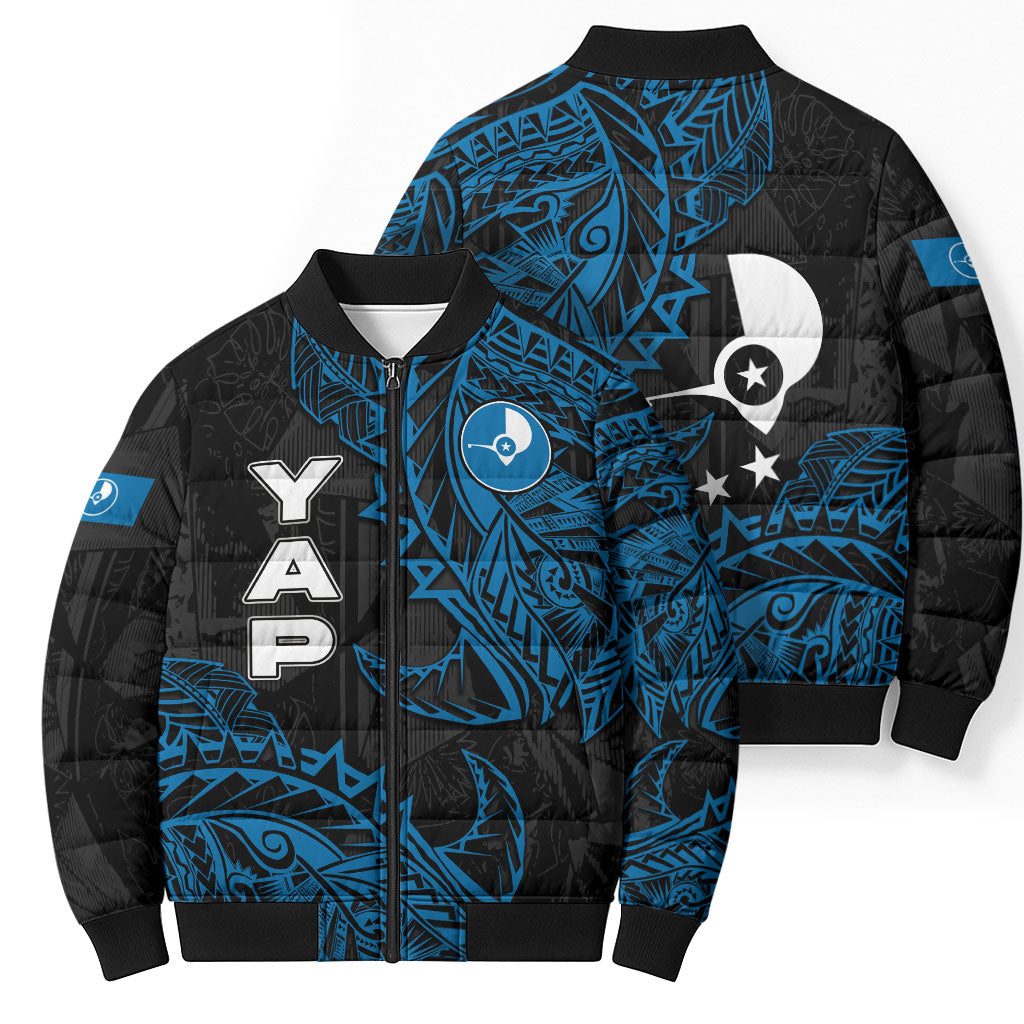 Yap Island Tribal Heritage Bomber Puffer Jacket Micronesian Polynesian Tattoo Pattern Blue Black Cultural Art TS04 - Polynesian Pride