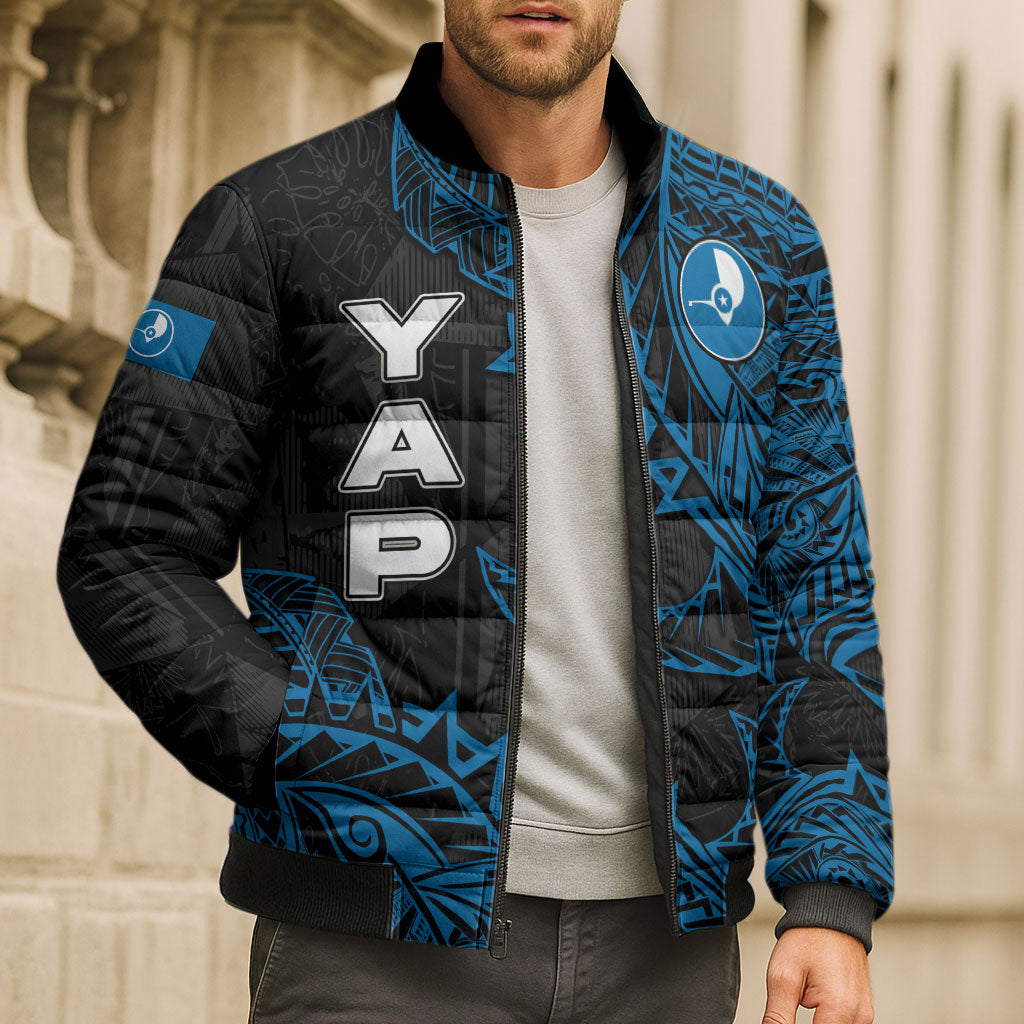 Yap Island Tribal Heritage Bomber Puffer Jacket Micronesian Polynesian Tattoo Pattern Blue Black Cultural Art TS04 - Polynesian Pride