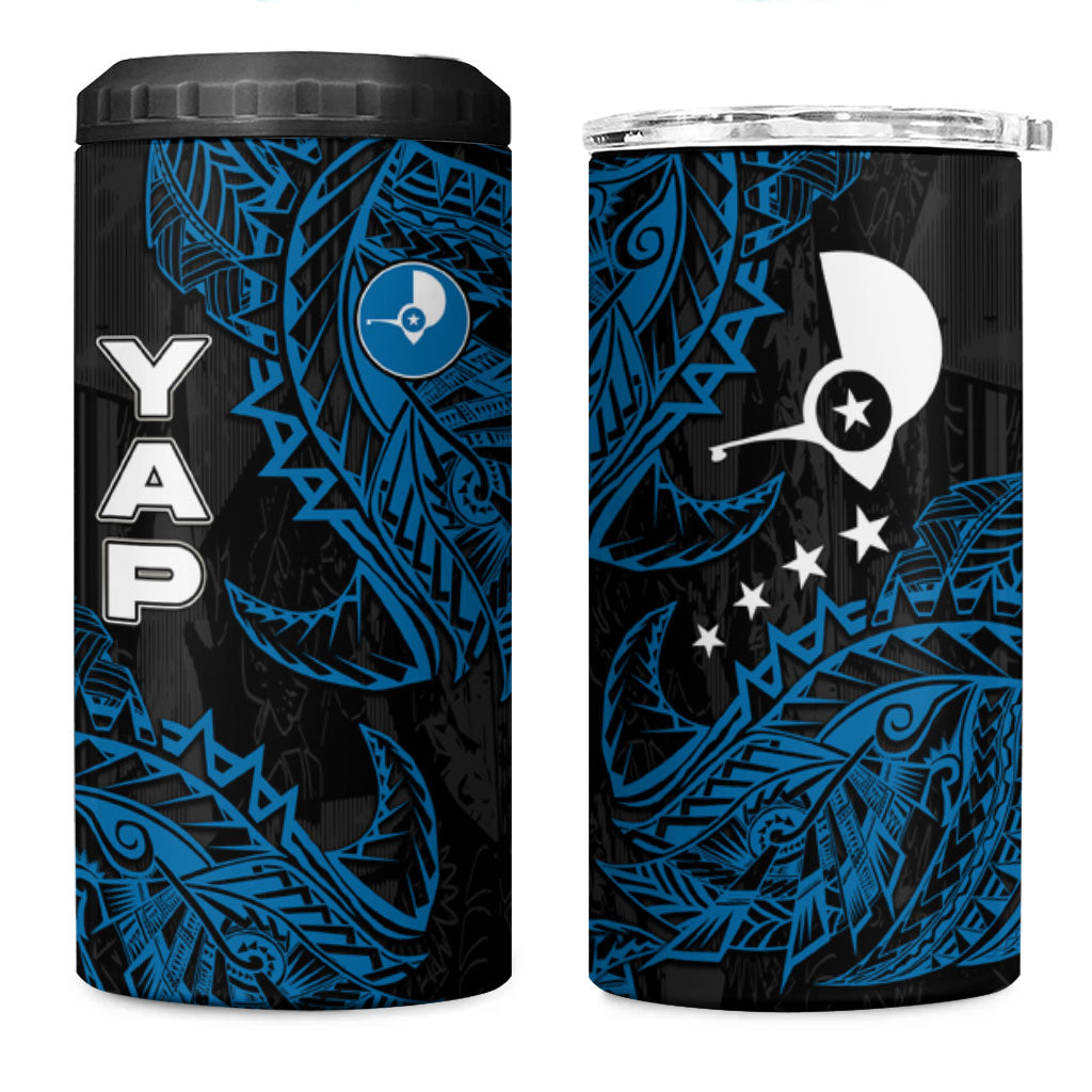 Yap Island Tribal Heritage 4 in 1 Can Cooler Tumbler Micronesian Polynesian Tattoo Pattern Blue Black Cultural Art TS04 One Size: 16 oz Black Blue - Polynesian Pride