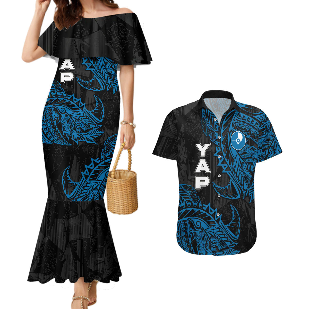 Yap Island Tribal Heritage Couples Matching Mermaid Dress and Hawaiian Shirt Micronesian Polynesian Tattoo Pattern Blue Black Cultural Art TS04 Black Blue - Polynesian Pride