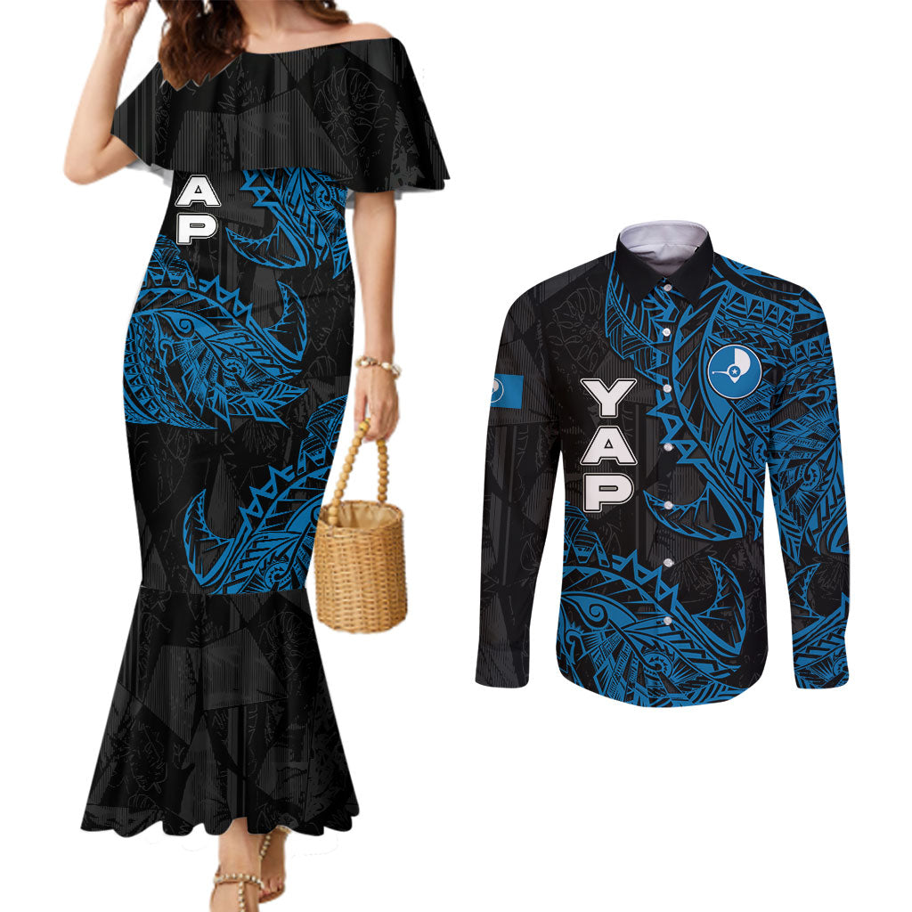 Yap Island Tribal Heritage Couples Matching Mermaid Dress and Long Sleeve Button Shirt Micronesian Polynesian Tattoo Pattern Blue Black Cultural Art TS04 Black Blue - Polynesian Pride