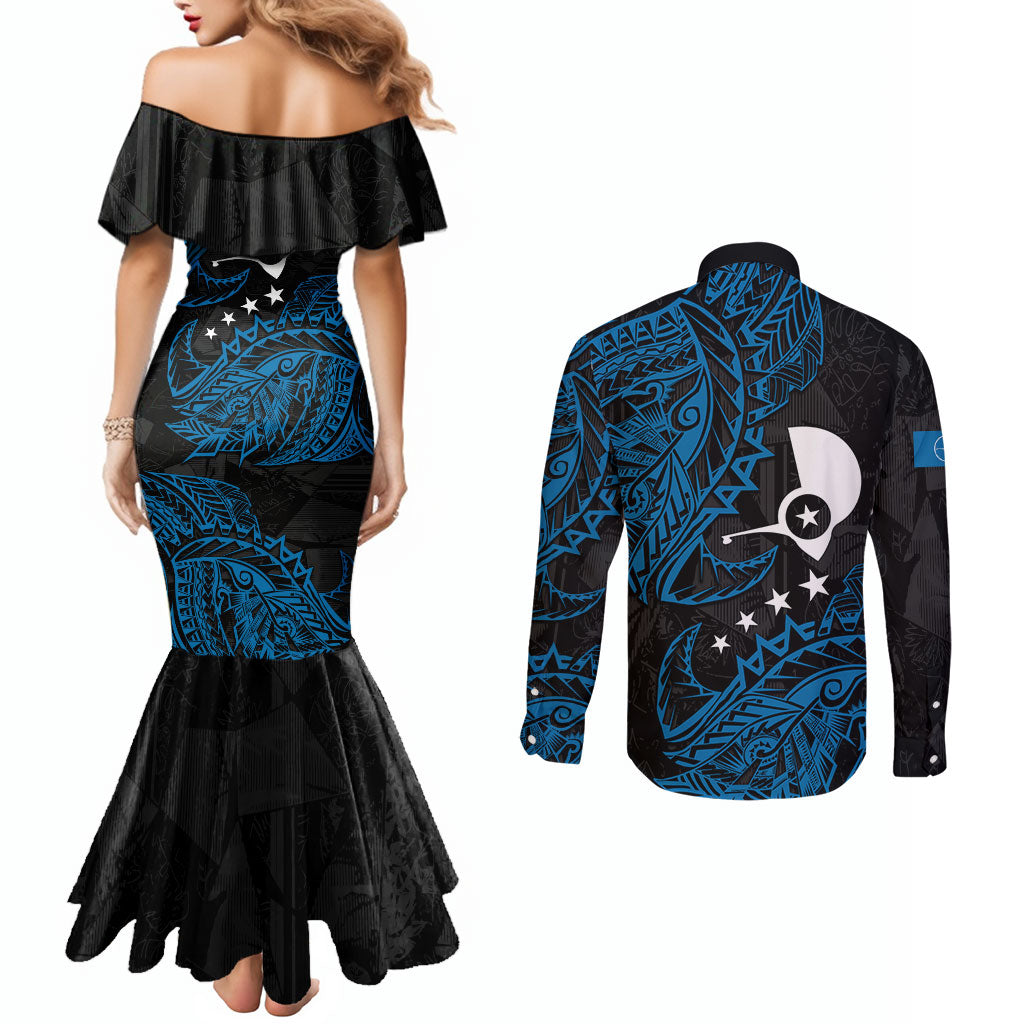 Yap Island Tribal Heritage Couples Matching Mermaid Dress and Long Sleeve Button Shirt Micronesian Polynesian Tattoo Pattern Blue Black Cultural Art