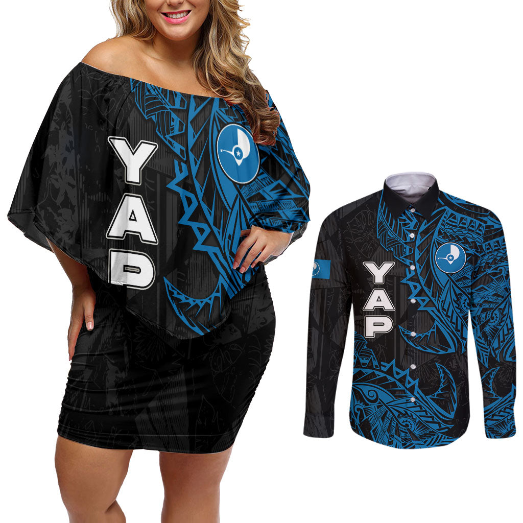 Yap Island Tribal Heritage Couples Matching Off Shoulder Short Dress and Long Sleeve Button Shirt Micronesian Polynesian Tattoo Pattern Blue Black Cultural Art TS04 Black Blue - Polynesian Pride