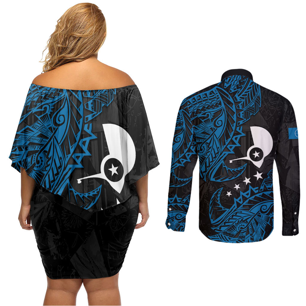 Yap Island Tribal Heritage Couples Matching Off Shoulder Short Dress and Long Sleeve Button Shirt Micronesian Polynesian Tattoo Pattern Blue Black Cultural Art