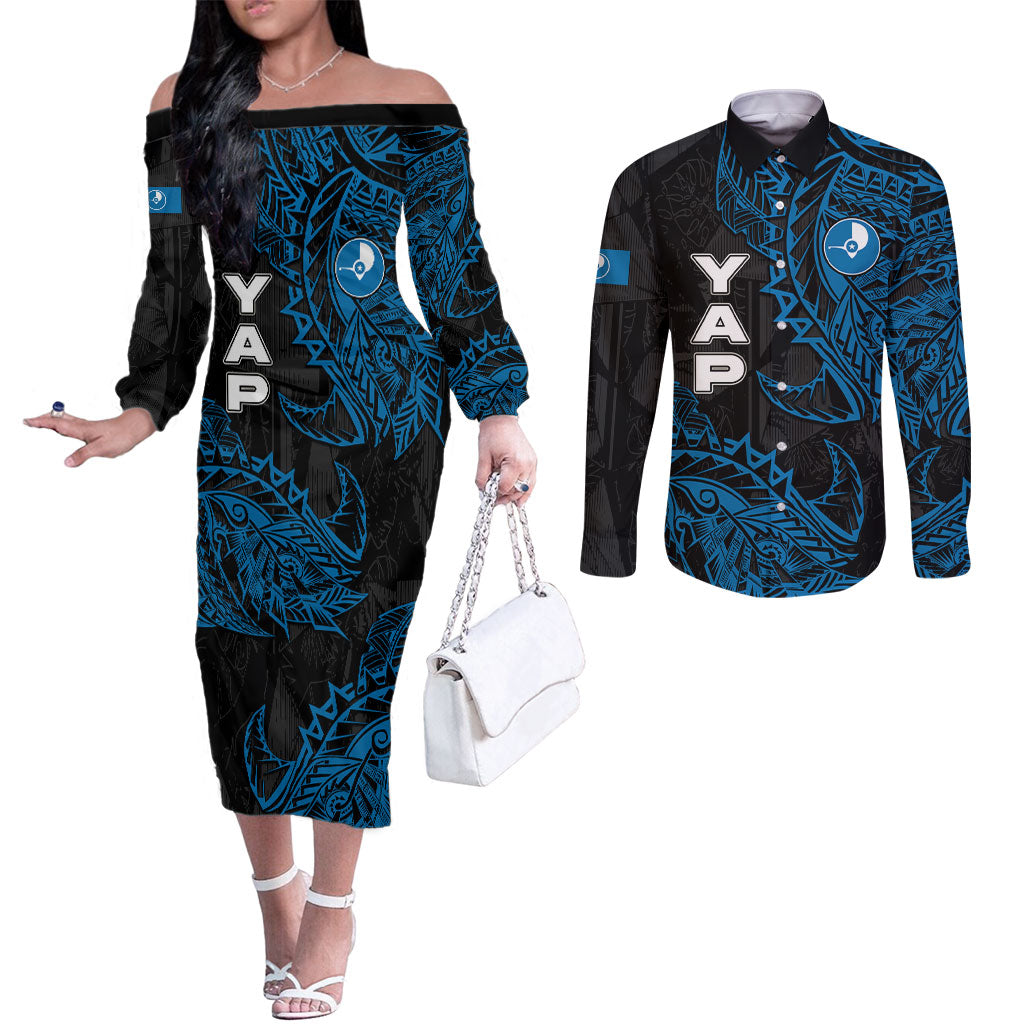 Yap Island Tribal Heritage Couples Matching Off The Shoulder Long Sleeve Dress and Long Sleeve Button Shirt Micronesian Polynesian Tattoo Pattern Blue Black Cultural Art TS04 Black Blue - Polynesian Pride