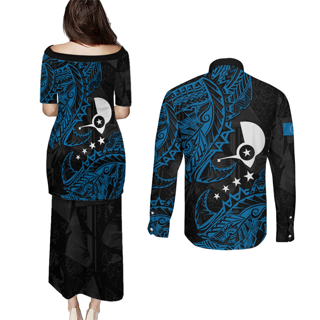 Yap Island Tribal Heritage Couples Matching Puletasi and Long Sleeve Button Shirt Micronesian Polynesian Tattoo Pattern Blue Black Cultural Art TS04 - Polynesian Pride